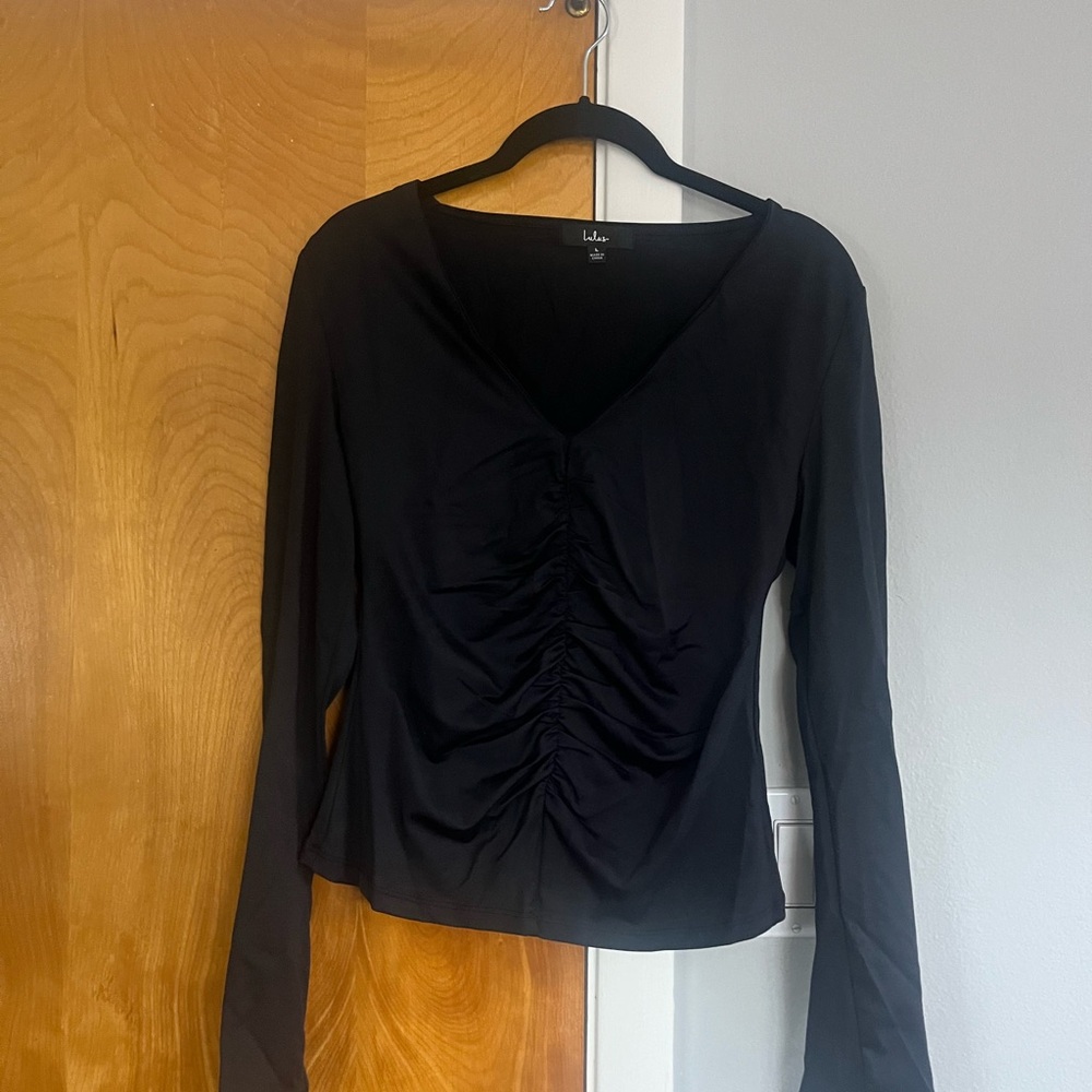 Lulu's Black Ruched Blouse with Long Sleeves
